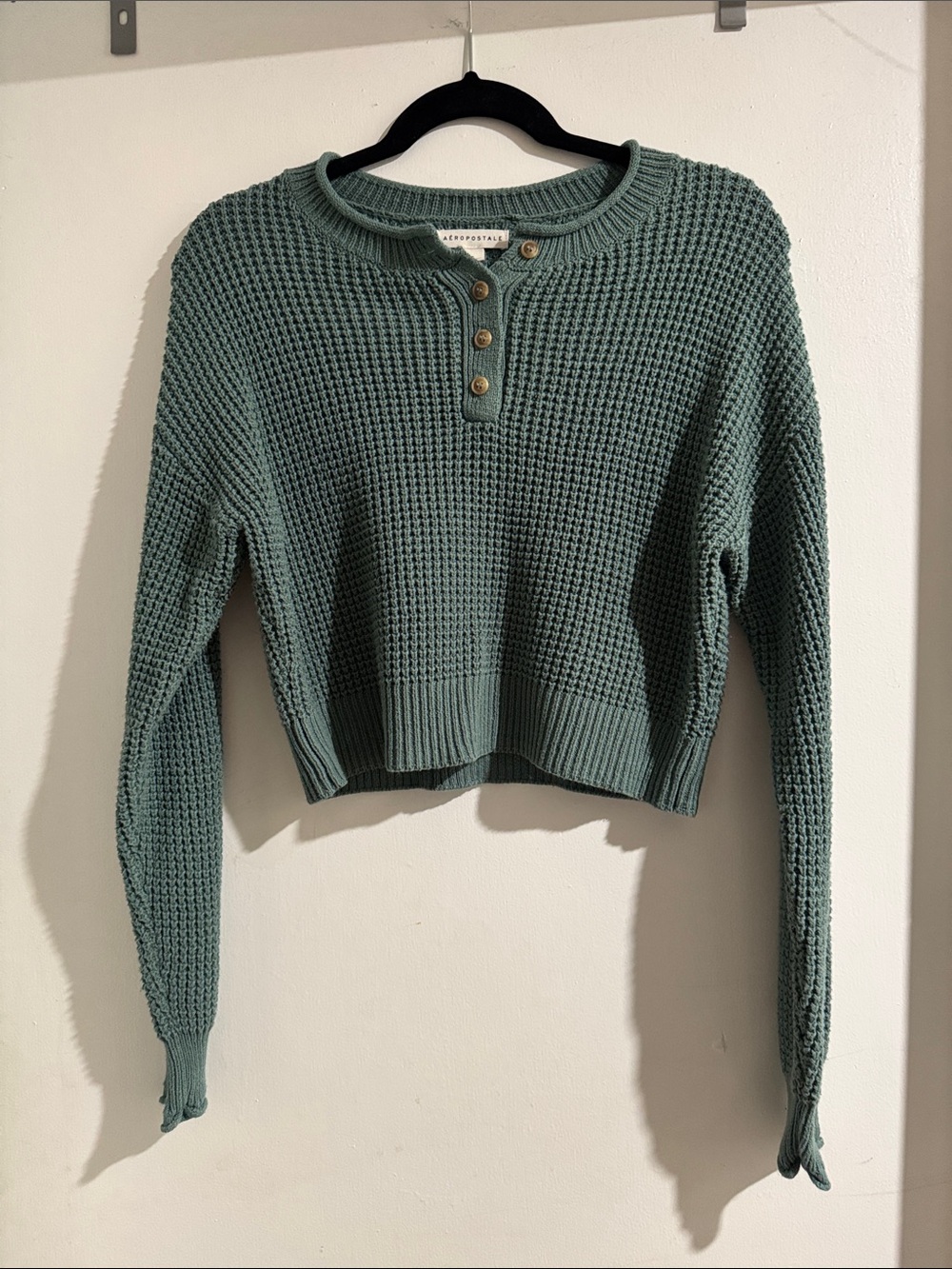 Aeropostale Chunky Knit Crop Sweater Size Small Teal Sage Henley Button Neck